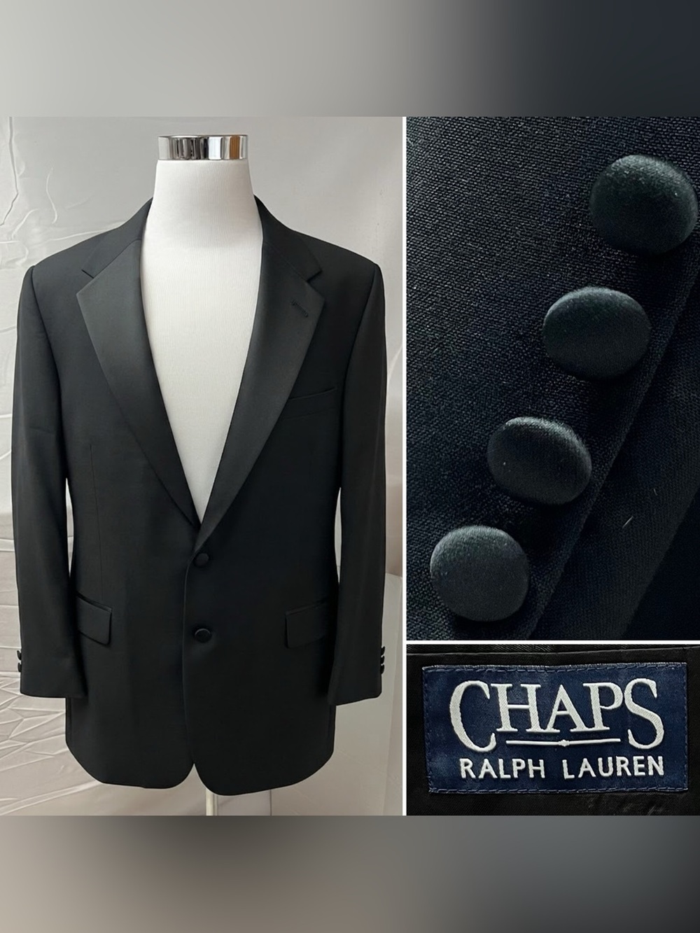 Ralph Lauren Chaps Men's 46L Black Tuxedo Wool Vintage Blazer Suit Jacket